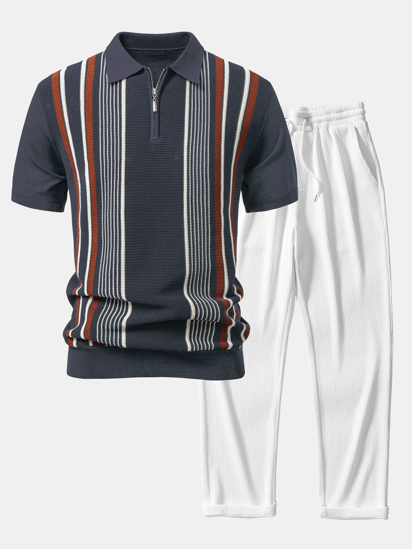 Stripe Knit Zip Up Polo Shirt & Straight Leg Ribbed Pants