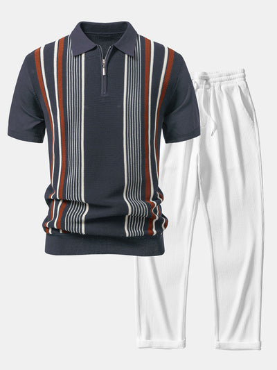 Stripe Knit Zip Up Polo Shirt & Straight Leg Ribbed Pants