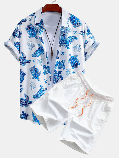 Turtle Print Button Up Shirt & Swim Shorts
