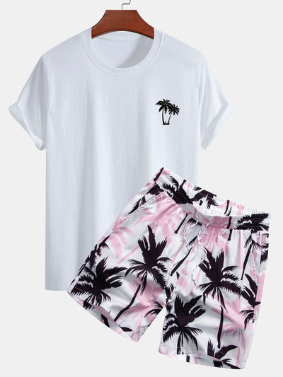 Regular Fit Palm Tree Print Cotton T-Shirt & Palm Tree Print Swim Shorts
