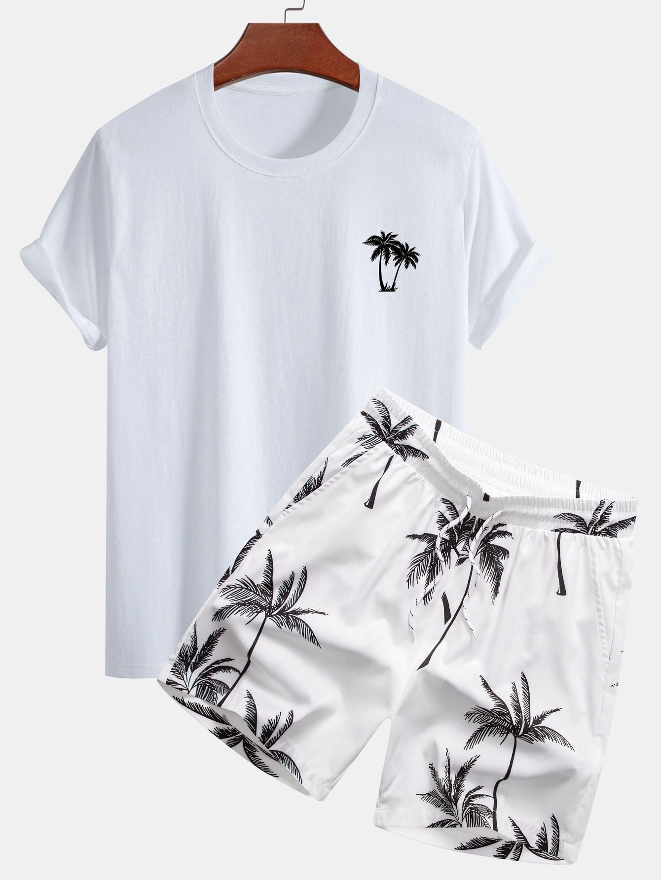 Regular Fit Palm Tree Print Cotton T-Shirt & Palm Tree Print Swim Shorts