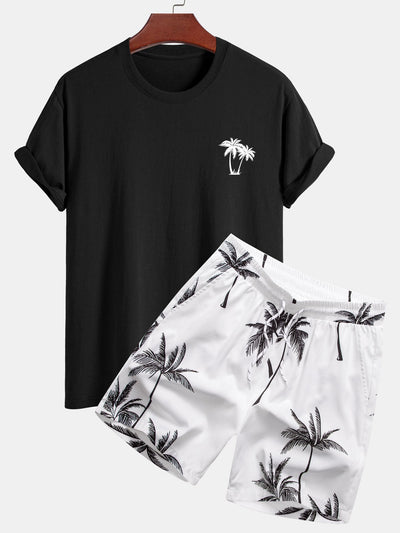 Regular Fit Palm Tree Print Cotton T-Shirt & Palm Tree Print Swim Shorts