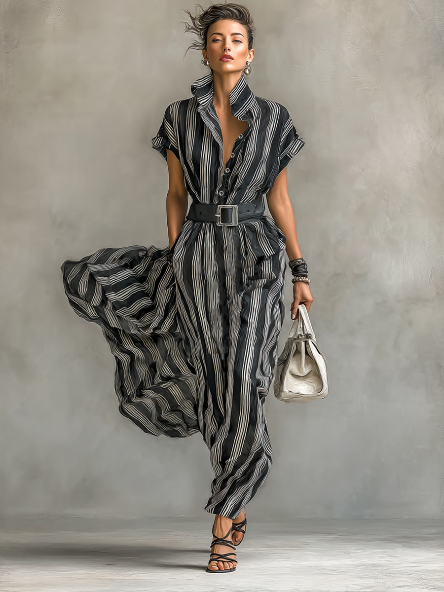 Maxi Printed Striped Chiffon Dress with Collar and Short Sleeves for Women with Belt
