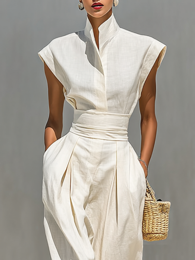 Maxi Dress in Pure Cotton with Notched Collar and Hooded Sleeves