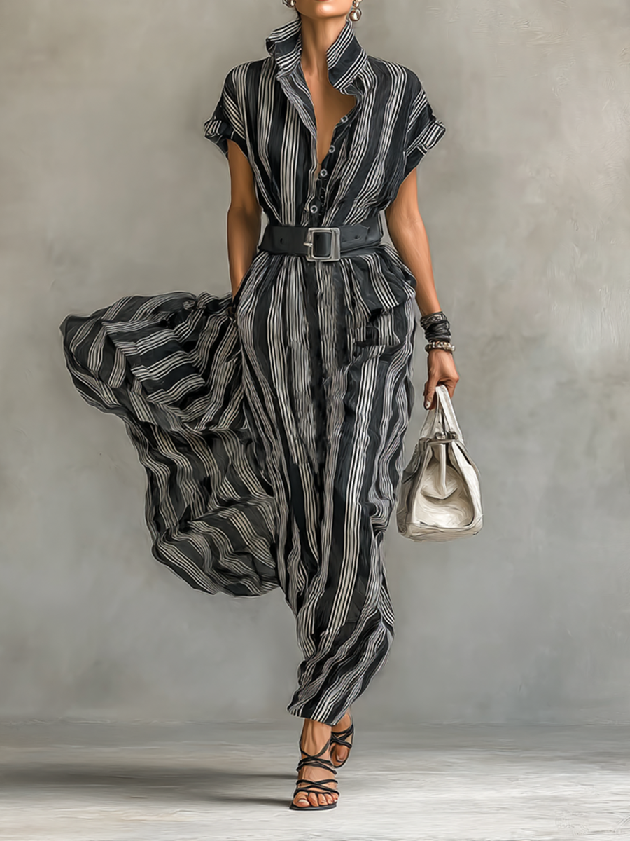 Maxi Printed Striped Chiffon Dress with Collar and Short Sleeves for Women with Belt