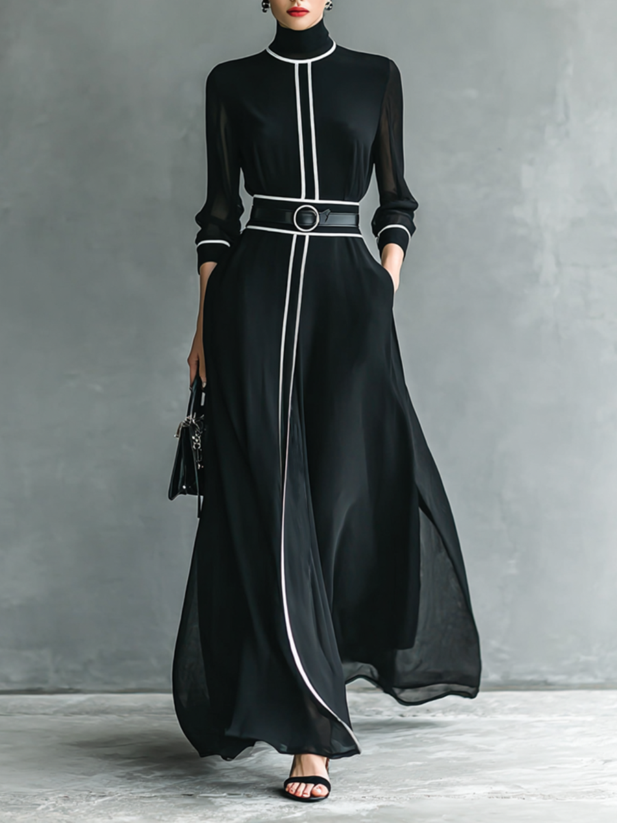 Maxi Chiffon Dress with High Neck and Long Sleeves for Women with White Trim