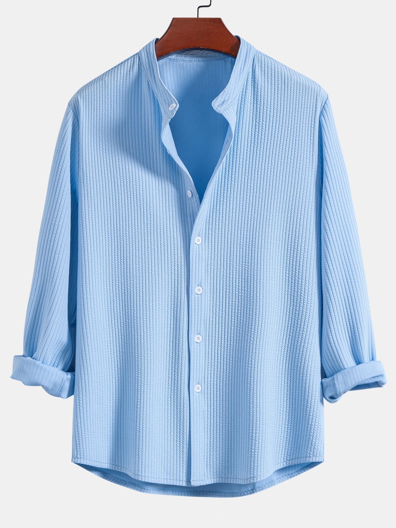 Long Sleeve Muscle Fit Ribbed Stand Collar Shirt & Straight Leg Ribbed Pants