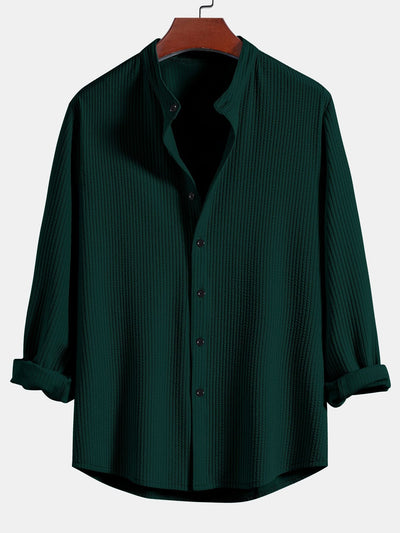 Long Sleeve Muscle Fit Ribbed Stand Collar Shirt & Straight Leg Ribbed Pants