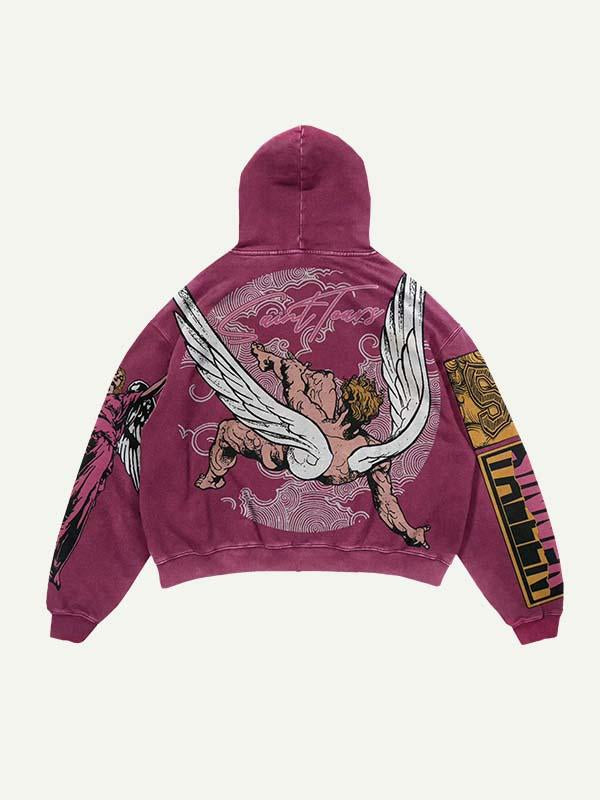 Figure&Wing&Letter Print Slant Pockets Hoodie