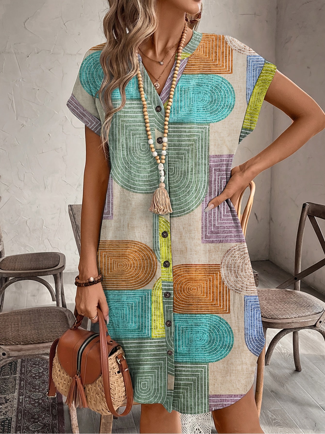 Carolina Geometric Print V-Neck Dress